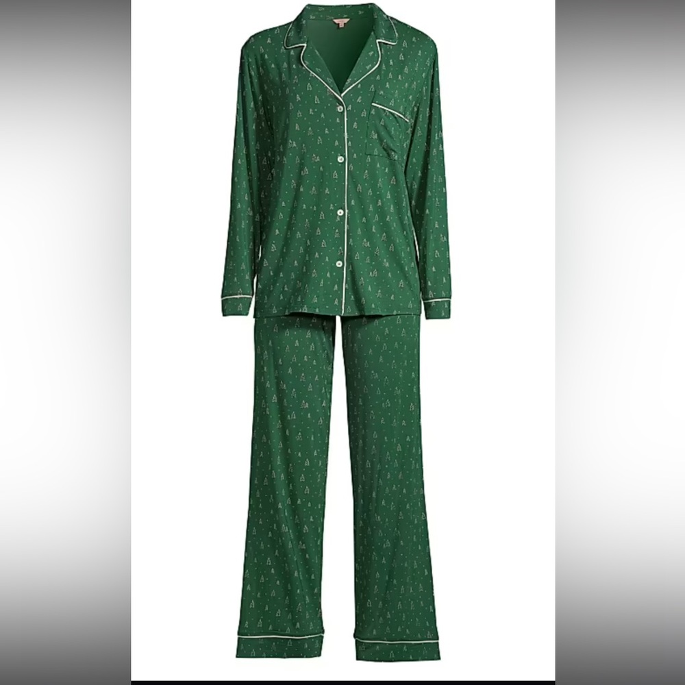Eberjey Forest Green Pajama Set with white Christmas trees